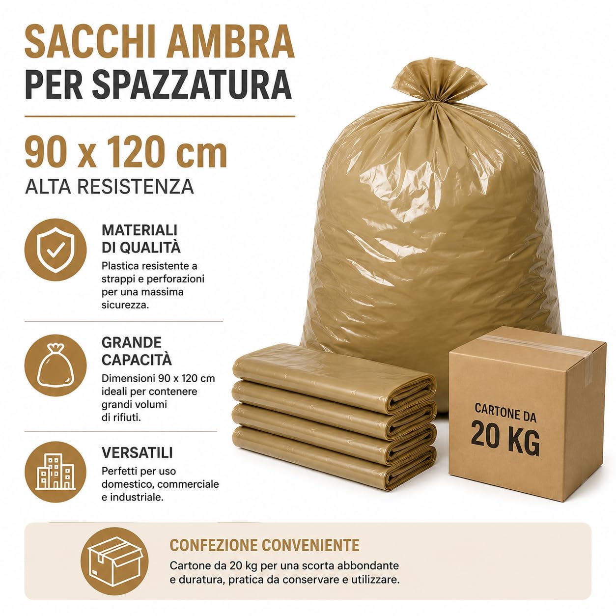 Sacchi Ambra per Spazzatura Alta Resistenza, Sacchi per Immondizia Professionali per Raccolta Rifiuti, Cartone da 20 Kg, misure 90 x 120 cm