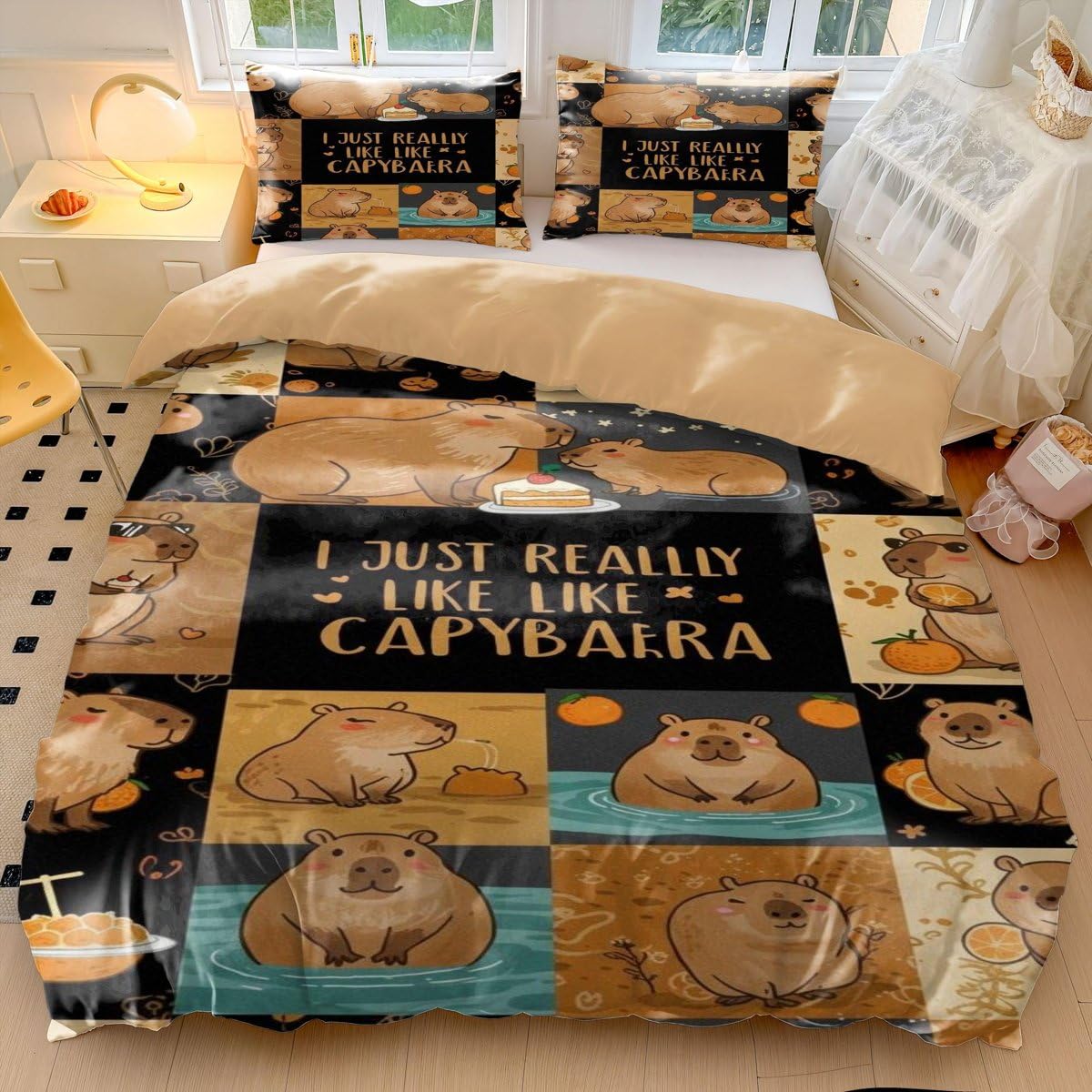 Set di biancheria da letto per letto singolo, copripiumino con federe con stampa floreale e animali in stile cartone animato, regali divertenti con capibara, 3 pezzi copripiumino (01, singolo 135 x