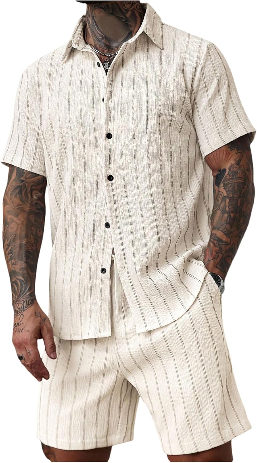 GORGLITTER Men's Vacation Outfits Sets Striped Button Down Shirt and Shorts Casual Beach Summer 2 Piece Short Set