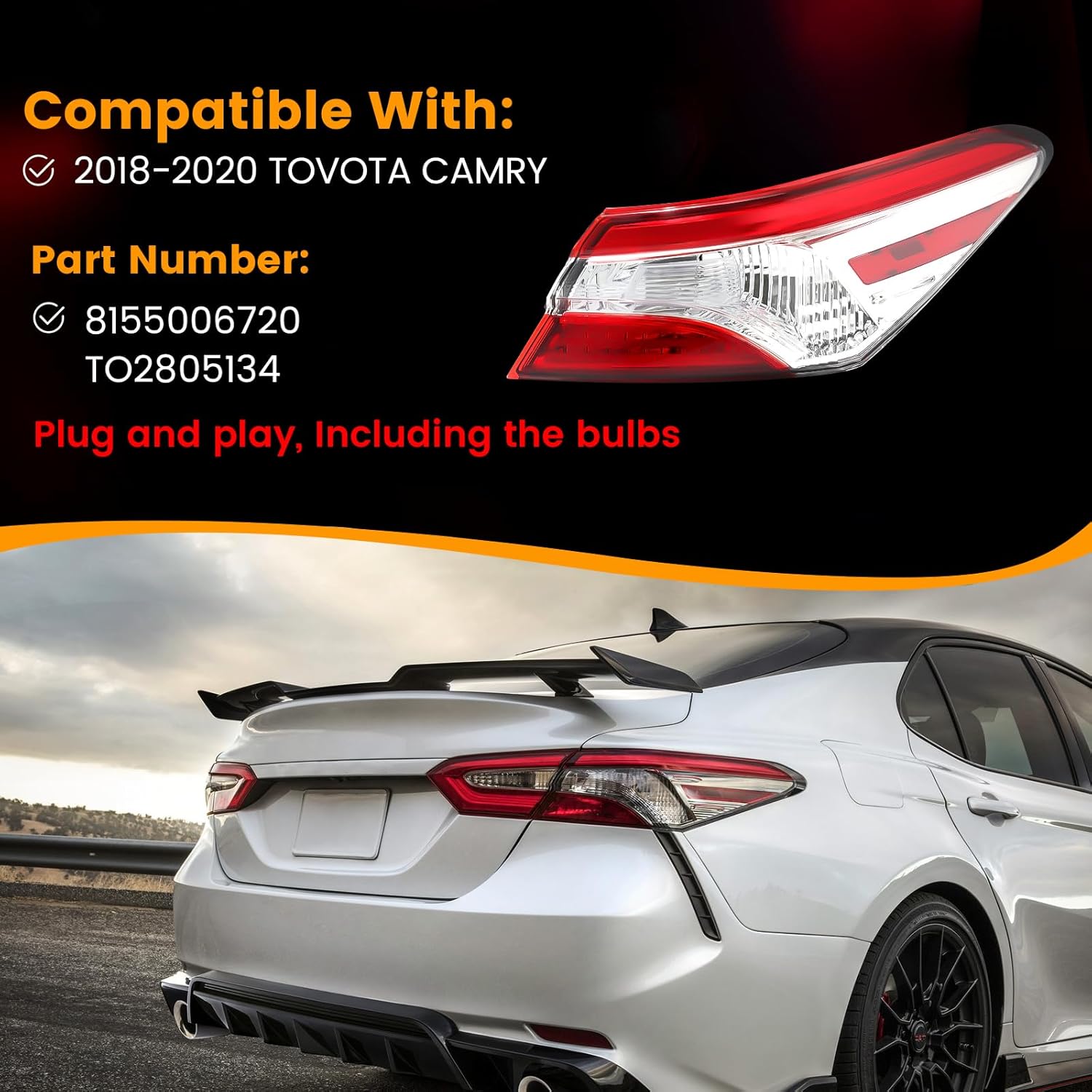 JFN Led Tail Lights Taillights Assembly for 2018-2020 Toyota Camry LE L SE Tail Lamp Replacement 81560-06720 (Passenger Side (Right))
