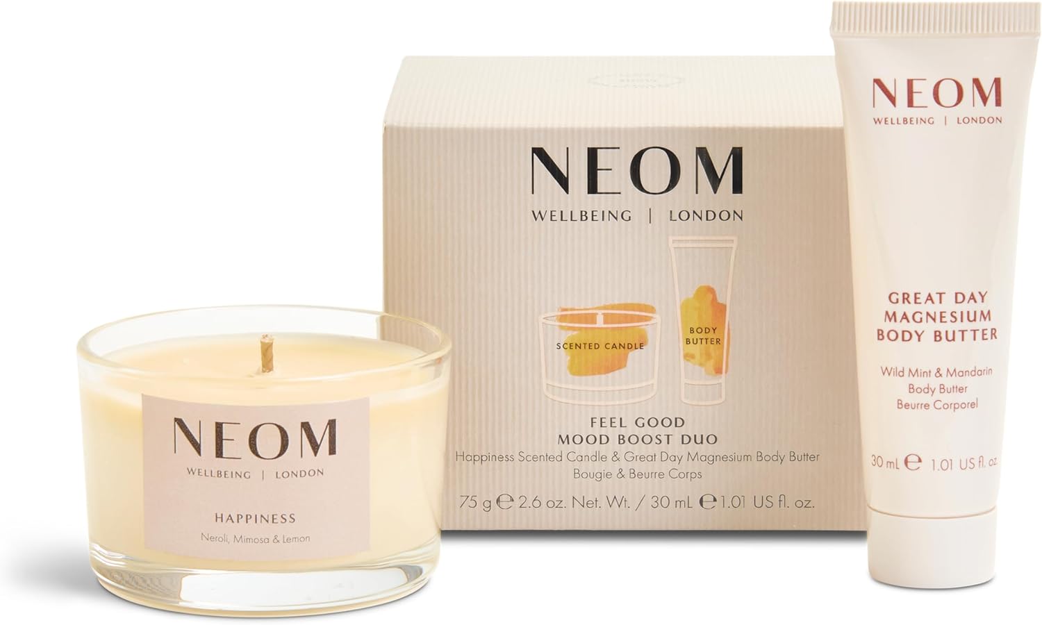NEOM- Feel Good Mood Boost Duo Gift Set | Happiness Scented Candle & Great Day Magnesium Body Butter
