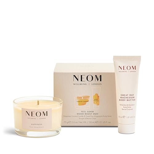 Neom Feel Good Mood Boost Duo Gift Set I Contains: Happiness Travel Candle 75g, Great Day Magnesium Body Butter 30ml I 100% Natural Scent I Sprinkle happy vibes - Feel Good Mood Duo