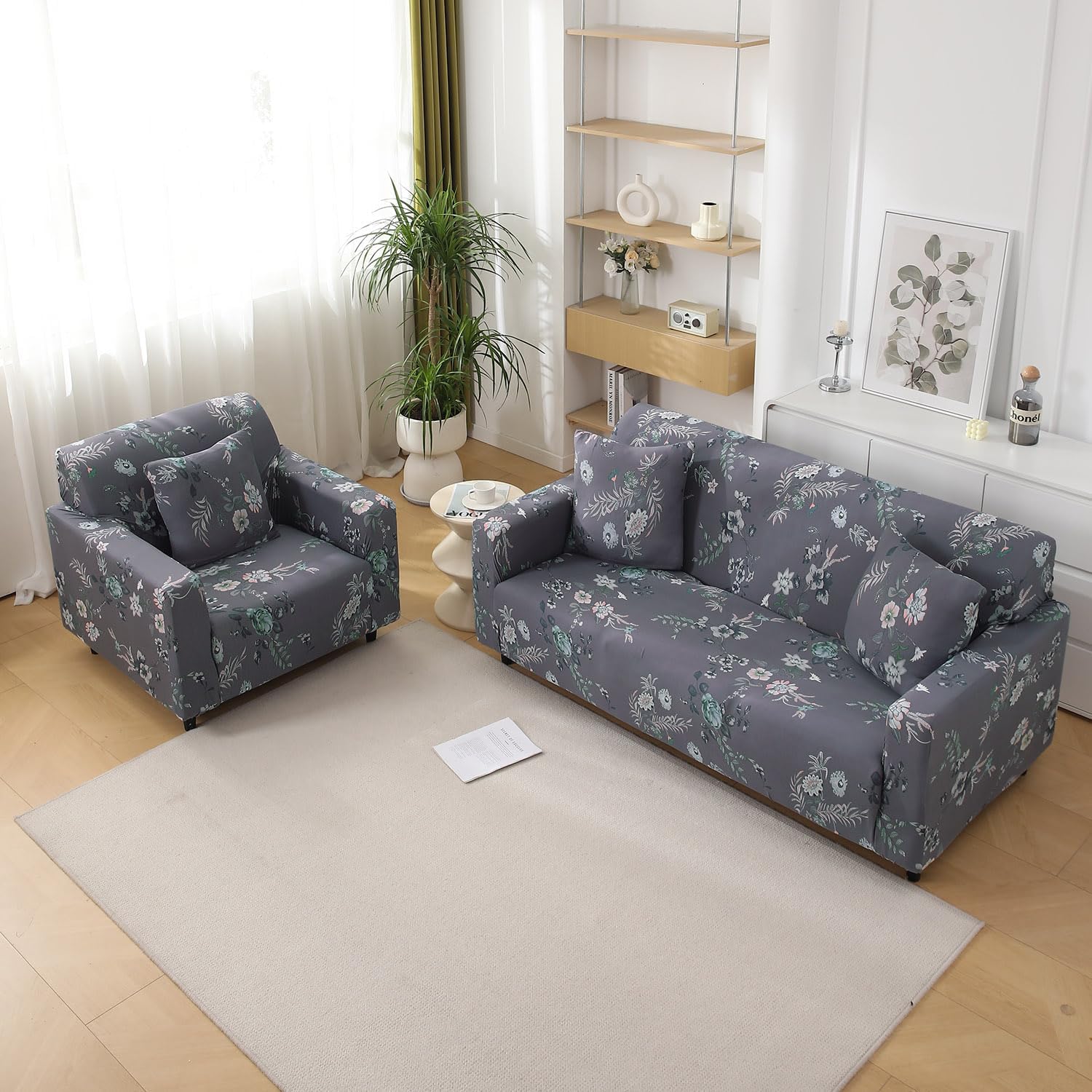 HOKIPO 4 Seater Sofa Cover - Grey Floral -3 HOKIPO 4 Seater Sofa Cover - Grey Floral -3