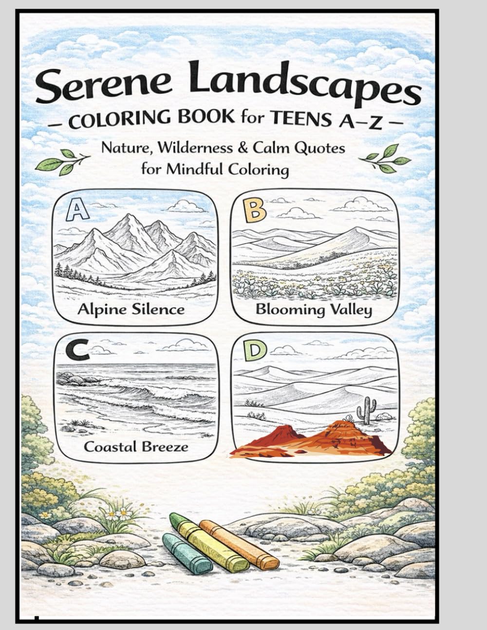 Serene Landscapes Coloring Book for Teens A–Z Nature, Wilderness & Calm Quotes for Mindful Coloring