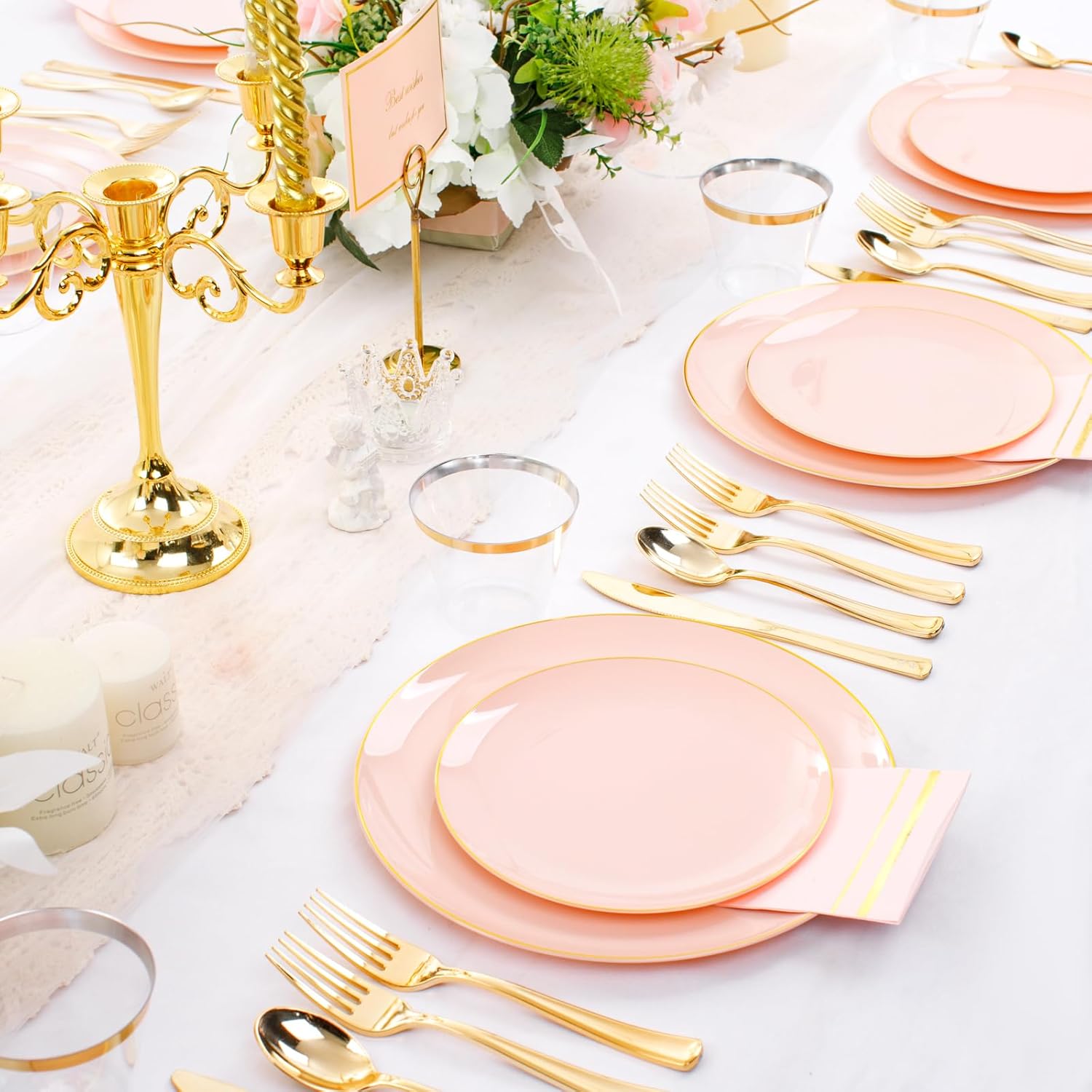 NOCCUR 350PCS Pink Plates Disposable - Pink Gold Plastic Dinnerware Set for 50 Guests Include 100 Dinner/Dessert Plates,150 Cutlery,50 Cups&50 Napkins - Ideal for Party/Wedding/Valentines Day - Image 5