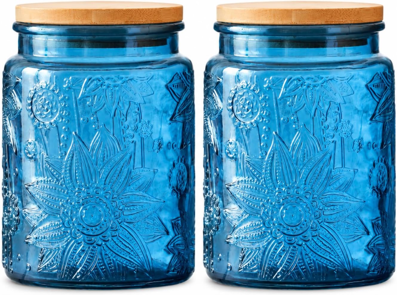ANSQU 2 Pack Blue Glass Canisters with Lids, 23.7 oz Vintage Embossed Glass Jars, Airtight Food Storage Containers for Coffee Beans, Tea, Sugar, Candy, Cookies, Decorative Kitchen Pantry Organizer