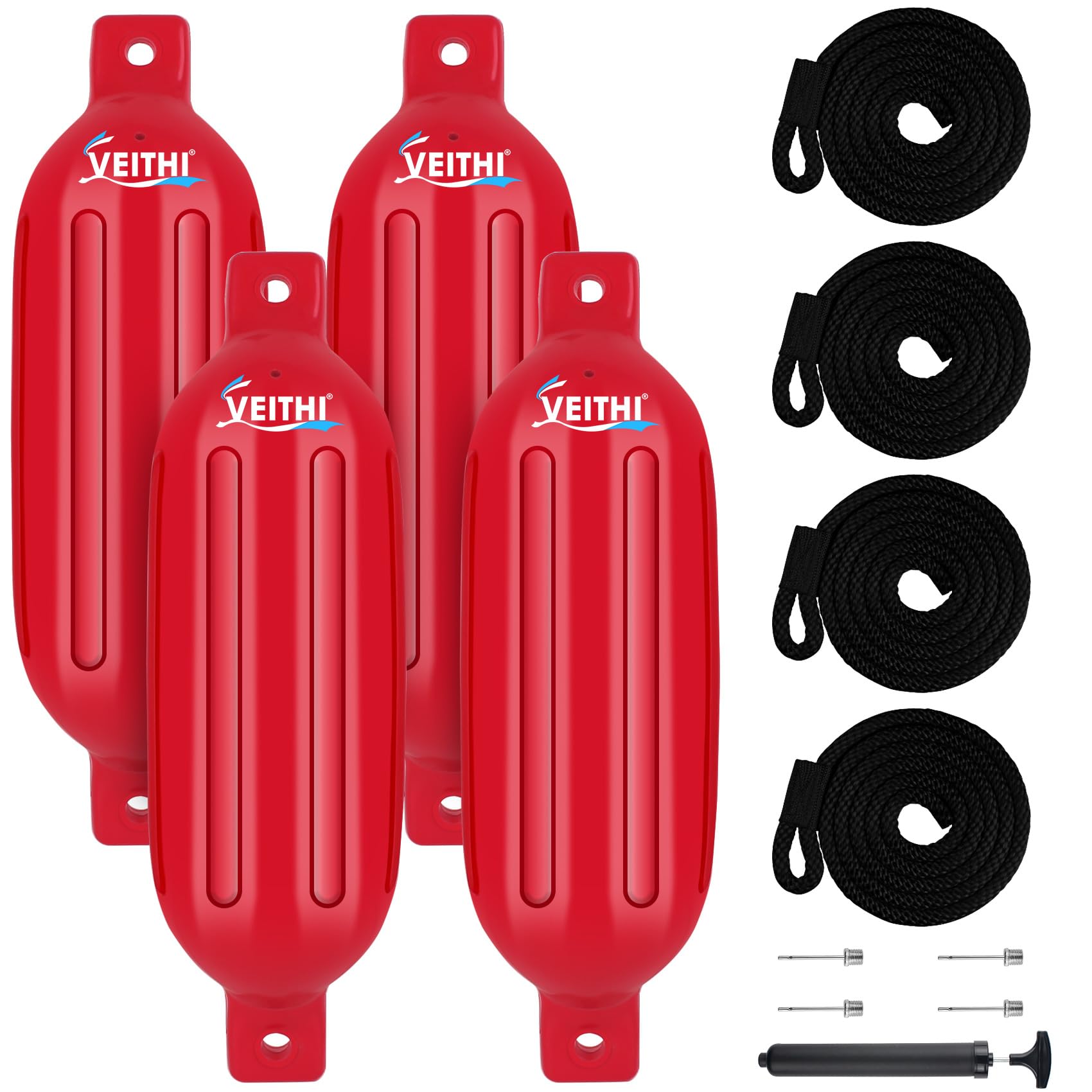 VEITHI 4.5/5.5/6.5/8.5/10/16 inch Boat Fenders 4 Pack,Ribbed Twin Eyes Vinyl Boat Bumpers Fenders,Boat Bumpers for Docking Come with Ropes Needles and