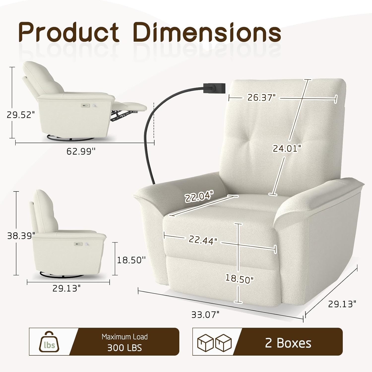 cinkehome Power Swivel Rocker Recliner, Electric Glider Recliner for Nursery with USB & Type-C and Phone Holder, Upholstered Rocking Recliner for Living Room, Nursery, Off-White