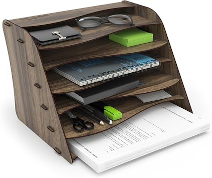 Wavy Masaüstü Organizer A4 Kağıt Kalemlikli Evrak Rafı Mini Kitaplık (Ceviz)