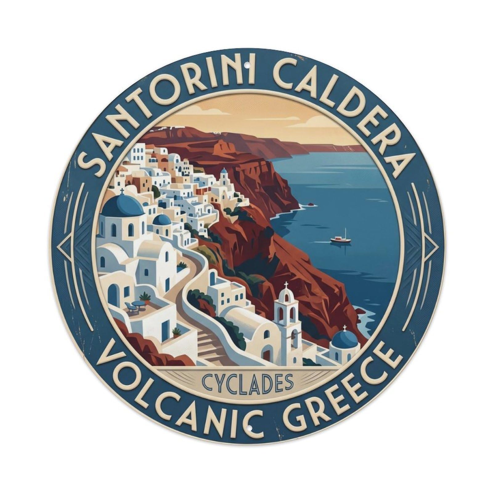 Santorini Caldera Volcanic Greece Island Metal Tin Sign Plaque Wall Decor for Cafe, Club Bar, Office, Home Garden Round Metal Poster 8x8Inch