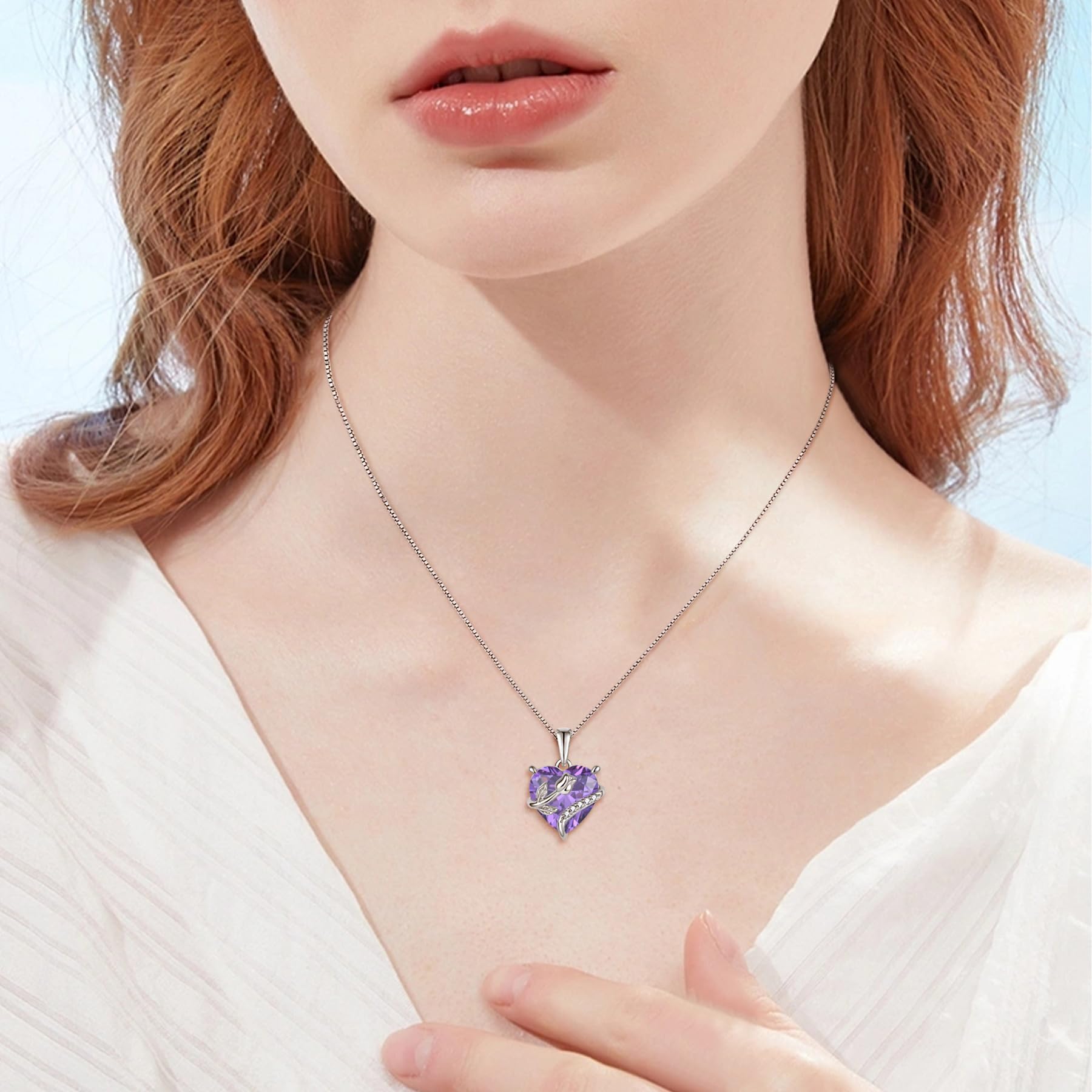 Herz Rose Kette Damen Silver Zirconia Geburtsstein Schmuck Muttertag Geburtstag Weihnachten Valentinstag Geschenke für Frauen Sie