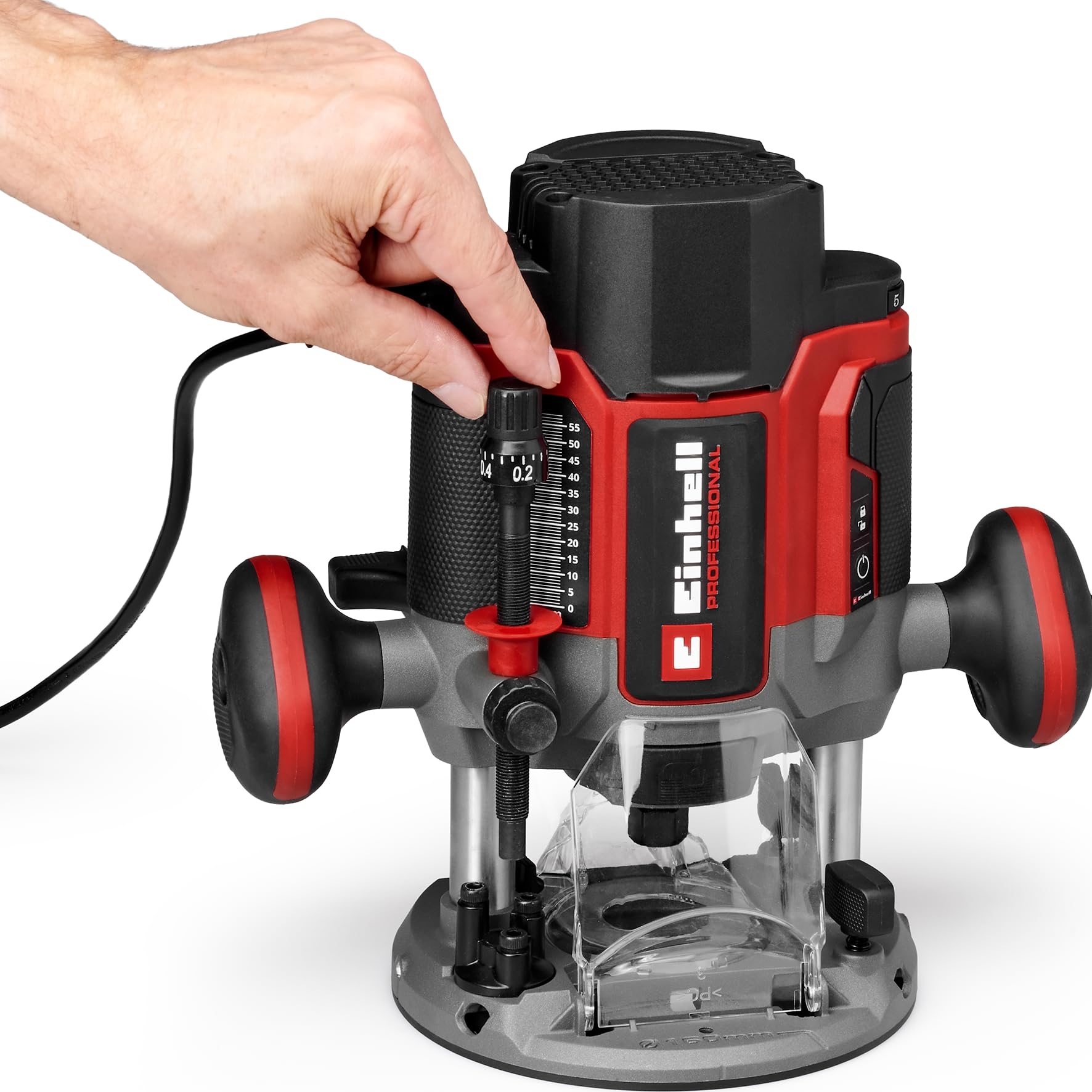Einhell Professional Oberfräse TP-RO 1400 E (1400 W, Hubhöhe 55 mm, Spannzangen Ø 6 und 8 mm, LED-Licht, inkl. Parallelanschlag, Zirkelspitze, Kopierhülse & Werkzeug)