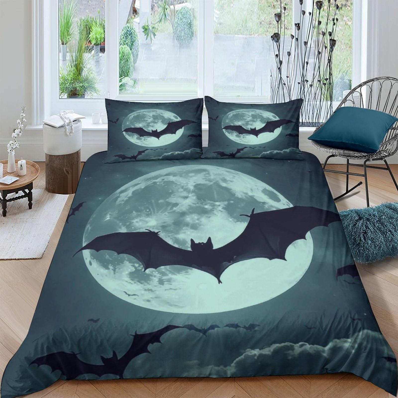 Ctjqhvkz Style-10 3D Printed Full Moon Bat Fitted Sheet Microfiber Soft Bedroom Decor Gothic Night Mattress Cover Protection Single（135X200cm）