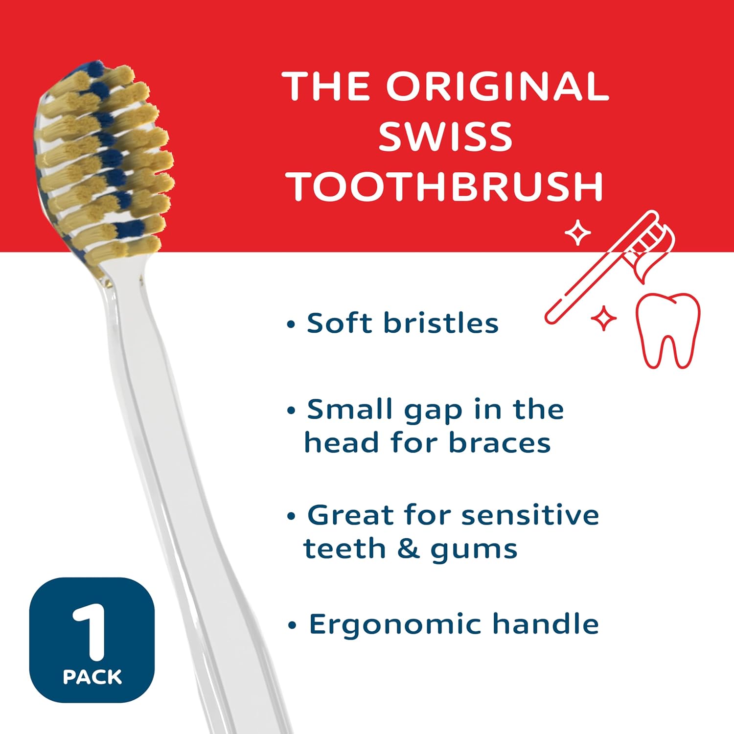 TELLO Adult Soft Ortho Toothbrush for Gentle Cleaning with Ergonomic Handle, Made in Switzerland, Colors Vary image 3