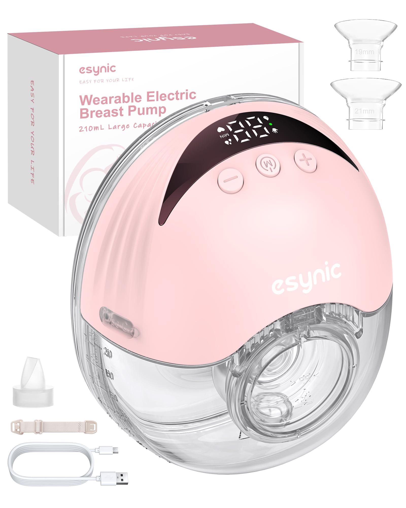 eSynic 210ML Tiralatte Elettrico Indossabile 4 Modalità 12 Livelli Display LED, Pompa per Allattamento Ricaricabile Type-C con Frange 19/21/24 mm, Tira Latte Portatile Antiriflusso Senza BPA - Rosa