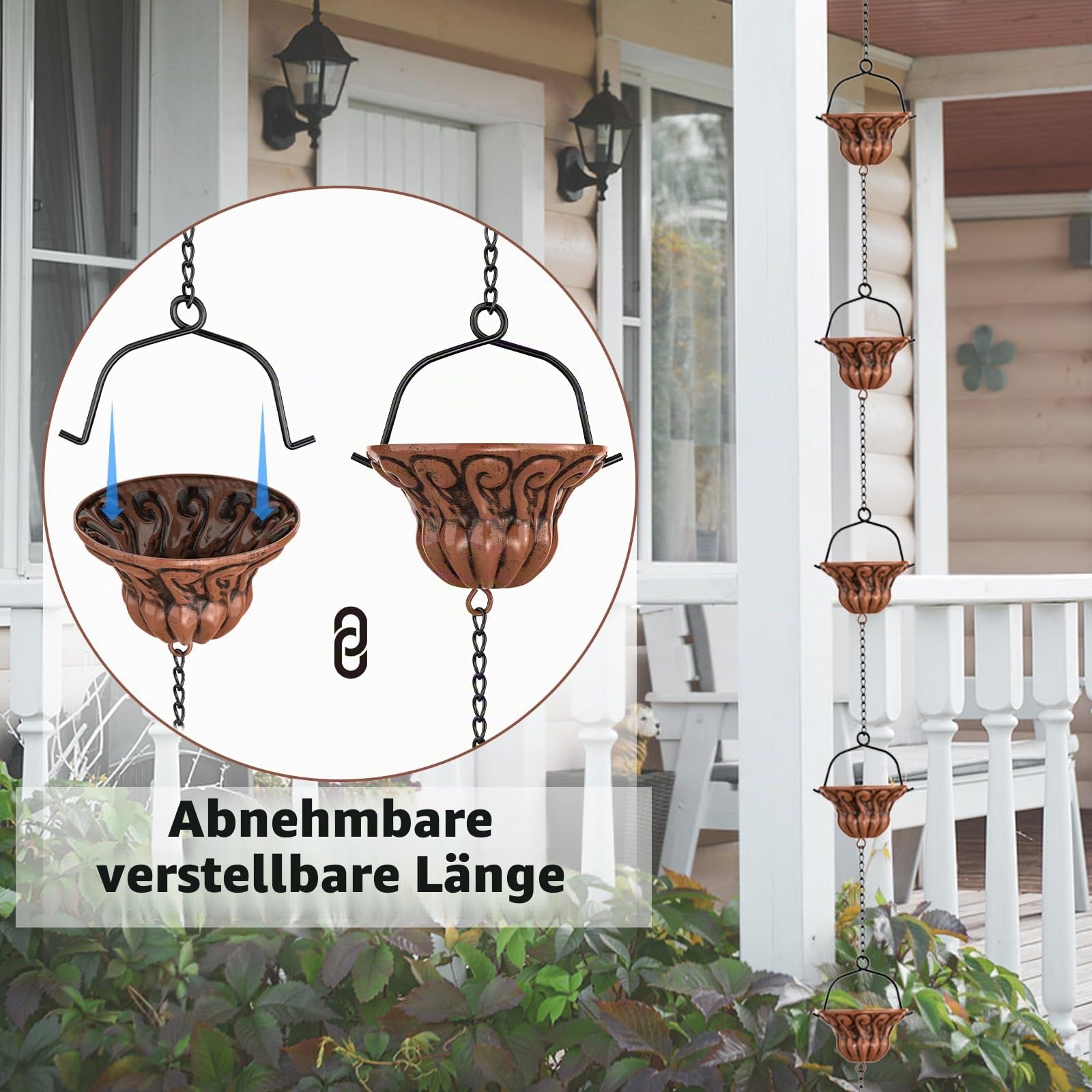 262CM Regenwasserkette Metall Dachrinnenkette Regenablaufkette, Hängende Regenkette Regenglocken für Dachrinne, Regenkette Ablaufkette für Außen Gartendekoration