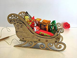 Personalized Wooden Handmade Santa's Sleigh Delivering Christmas Eve Sweets Box Xmas Gifts for Family Laser Cut Engraved Name Holiday Santa Wood Ornament Merry Christmas Decorations 3D Rustic Present