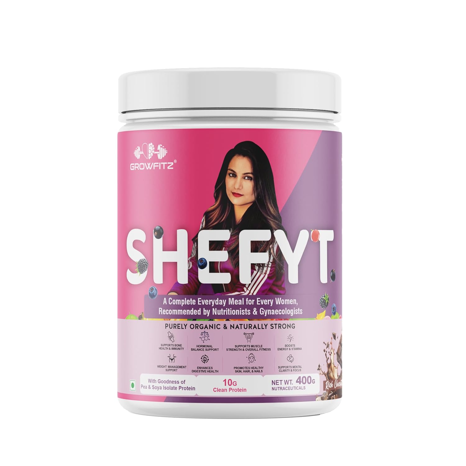 Growfitz Shefyt 100% Natural Plant Protein Rich 400g | 12g Protein | Meal Replacement Shake For Weight Control & Management | 50+ Powerful Herbs | Energy, Wellness, Immunity, Law Fat (Chocolate)