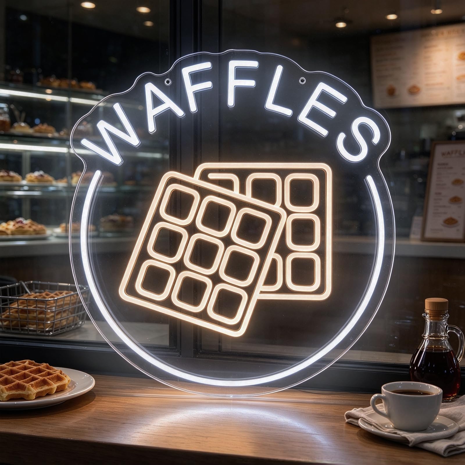 Waffles LED Neon Sign Dimmable Waffle Neon Light for Restaurant Cafe Bakery Shop Dessert Wall Decor USB Powered Food Neon Sign Wall Art Size 13.4 * 12.2IN