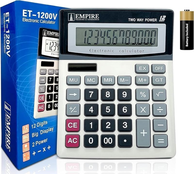 Calculadora de escritorio Empire con botones grandes, pantalla grande de 12 dígitos en ángulo de ojo, funciona con energía solar y batería - Calculadora básica para estudiantes, uso en el hogar y la oficina (batería incluida)