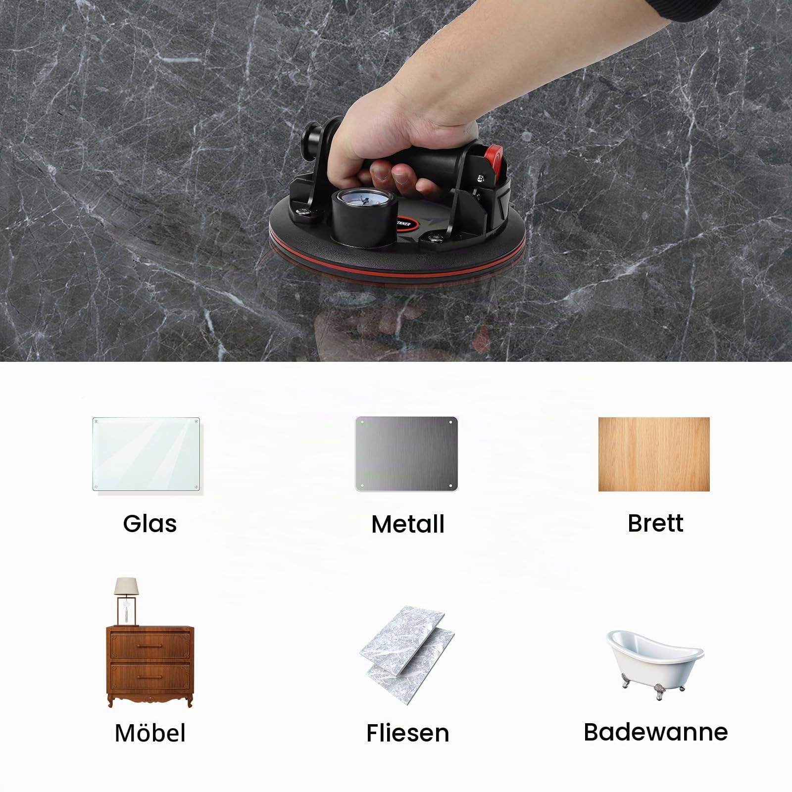 DEWINNER Glas Saugnapf mit Manometer, 2x Vakuum Saugheber, handgehaltener Glasheber, 300 kg Tragkraft, Industrielle Saugnäpfe für Ttransport Glas, Fenster, Fliesen mit Tragbarer Werkzeugkasten
