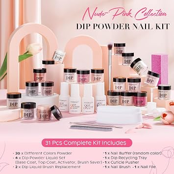 AZUREBEAUTY 31 Pcs Dip Powder Nail Kit Starter 20 Colors Clear Nude Pink Brown Glitter All Season Acrylic Dipping Powder Liquid Set with Top/Base Coat Activator for French Nail Art DIY Salon Gift