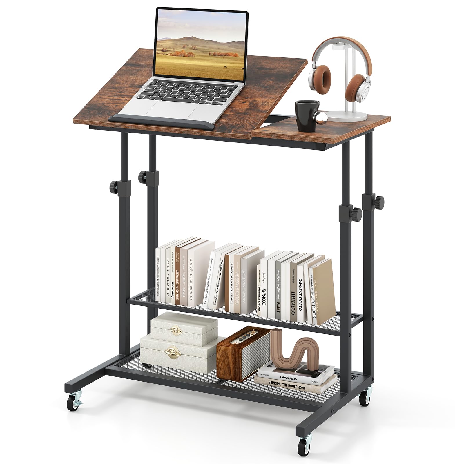 COSTWAY Tavolino da Divano e Letto, Tavolo Regolabile in Altezza con Ruote Bloccabili, Piano Inclinabile e Mensole Portaoggetti, Mobile Versatile per Salotto, Camera da Letto