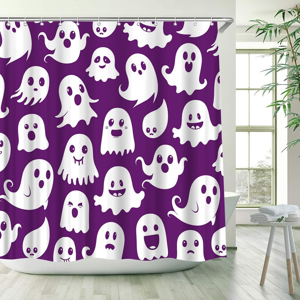 Halloween Ghost Shower Curtain Purple and White Spooky Cute Funny Cartoon Ghosts Icons Boys Girls Bathroom Decor Polyester Fabric Curtains with Hook 70Wx90H Inches