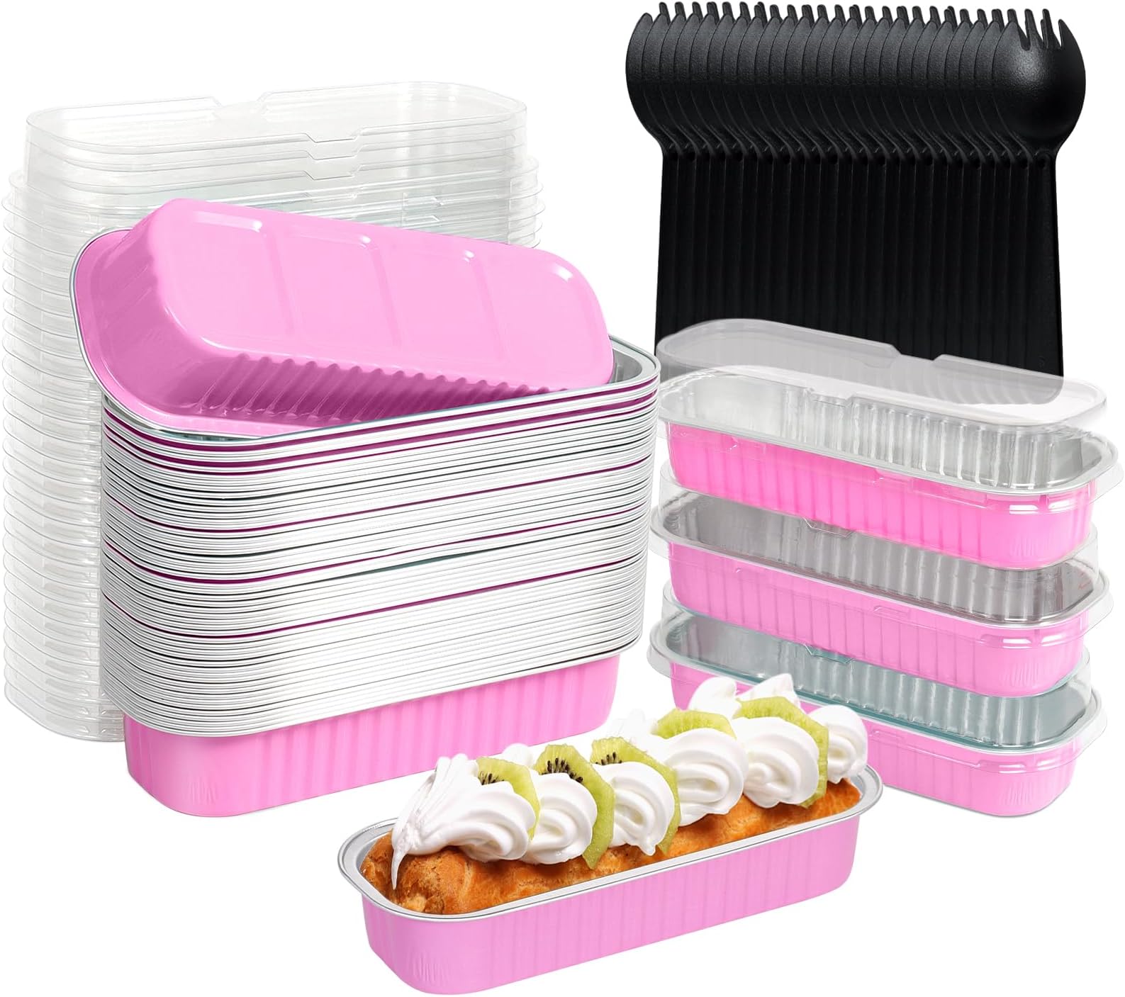 50Pack Disposable Mini Loaf Pans with Lids and Spoons, 6.8oz Rectangle
