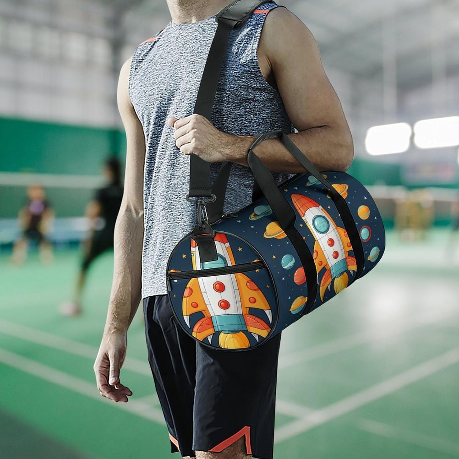 Aesthetic Sports Bag for Women Rocket Clipart Space Ship Printed Duffle Travel Bag for Men Women Mini Workout Bags Cylindrical Gym Bag