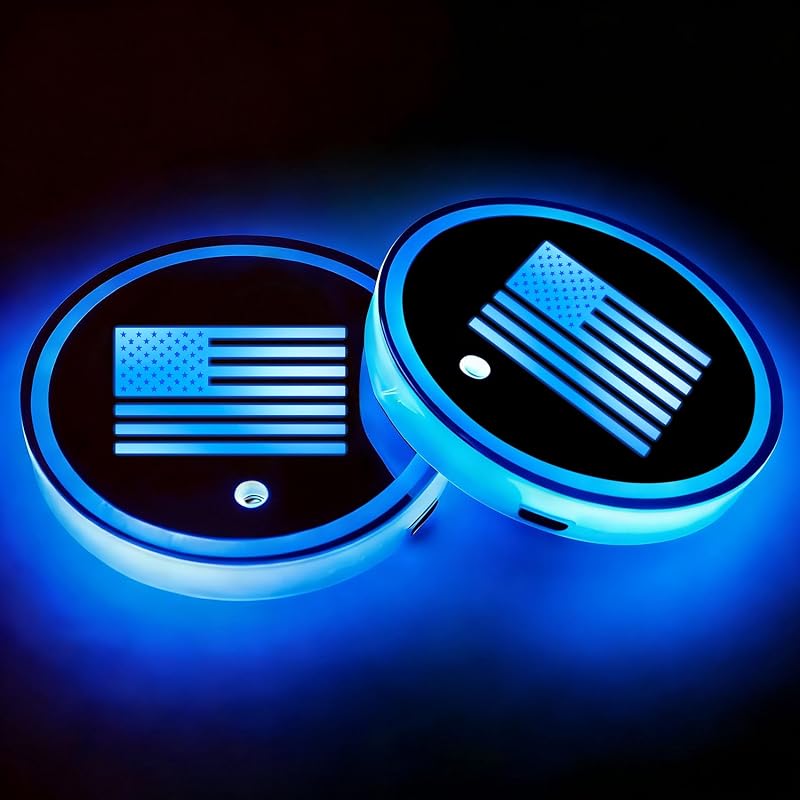 Porta-Copos LED Automotivo Redondo com Estampa de Bandeira Americana, 7 Cores e Sensor de Vibração TLYHNXY, Kit com 2 peças