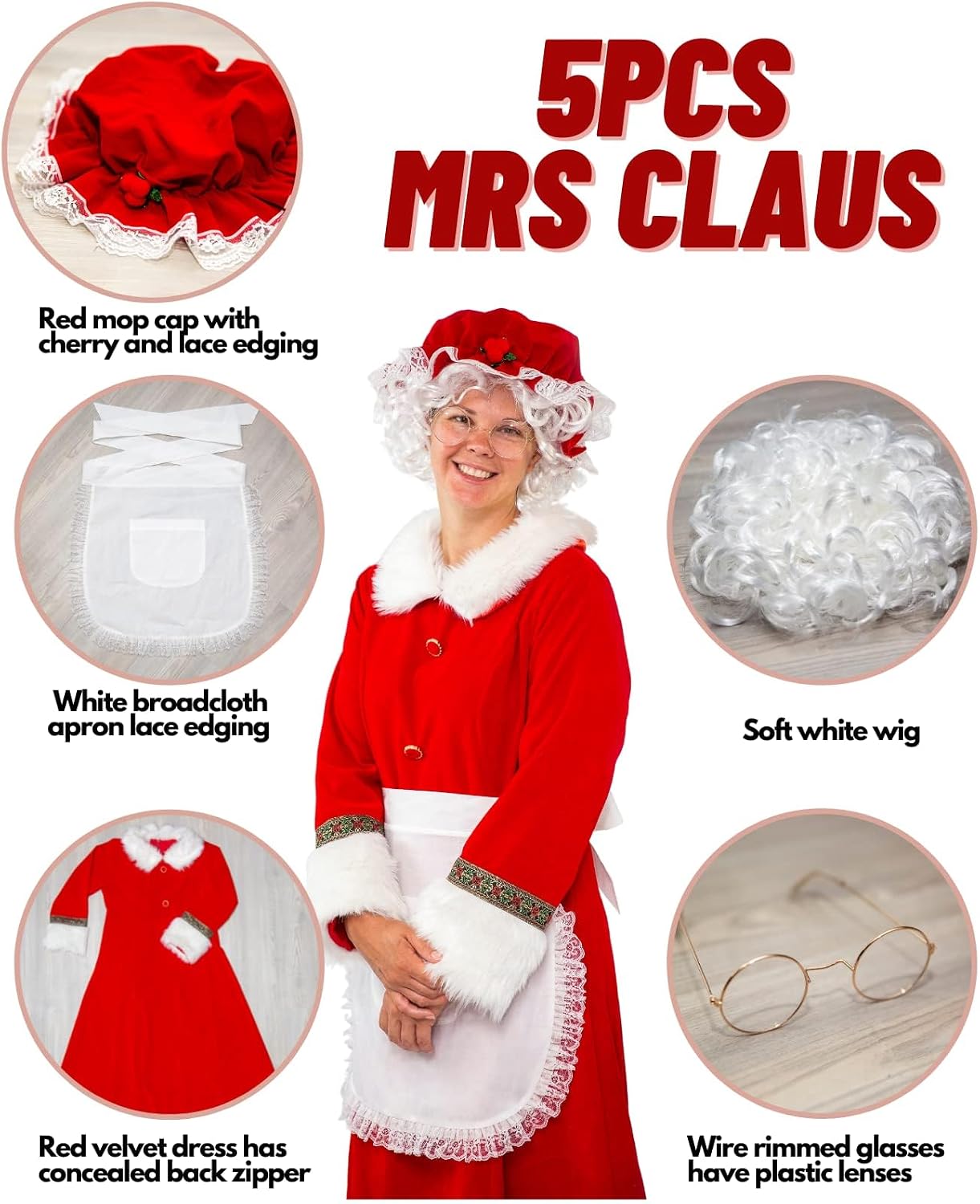 Mrs. Claus Costume for Women Plus Size Outfit Christmas Adult Santa Dress with Apron Wig and Glasses for Cosplay Party