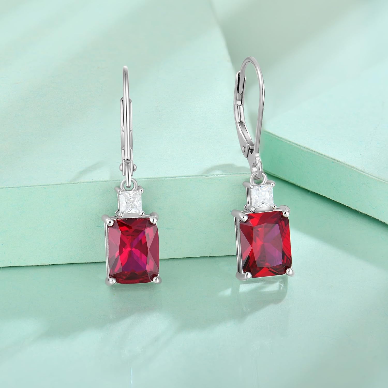 DJ || 1.55 Ctw Emerald Cut Red Ruby Lever Back Drop Earrings 14k White Gold Finish 925 Sterling Silver