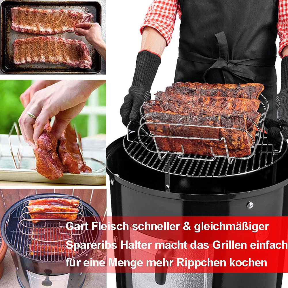 Spareribs Halter Grill – Rippchenhalter aus reinem Edelstahl für 5 Rippchen – Aufsatz zur Zubereitung von Spareribs und Braten auf Gas- und Kohlegrill, Spülmaschinengeeignet – 33 x 29 x 8 cm