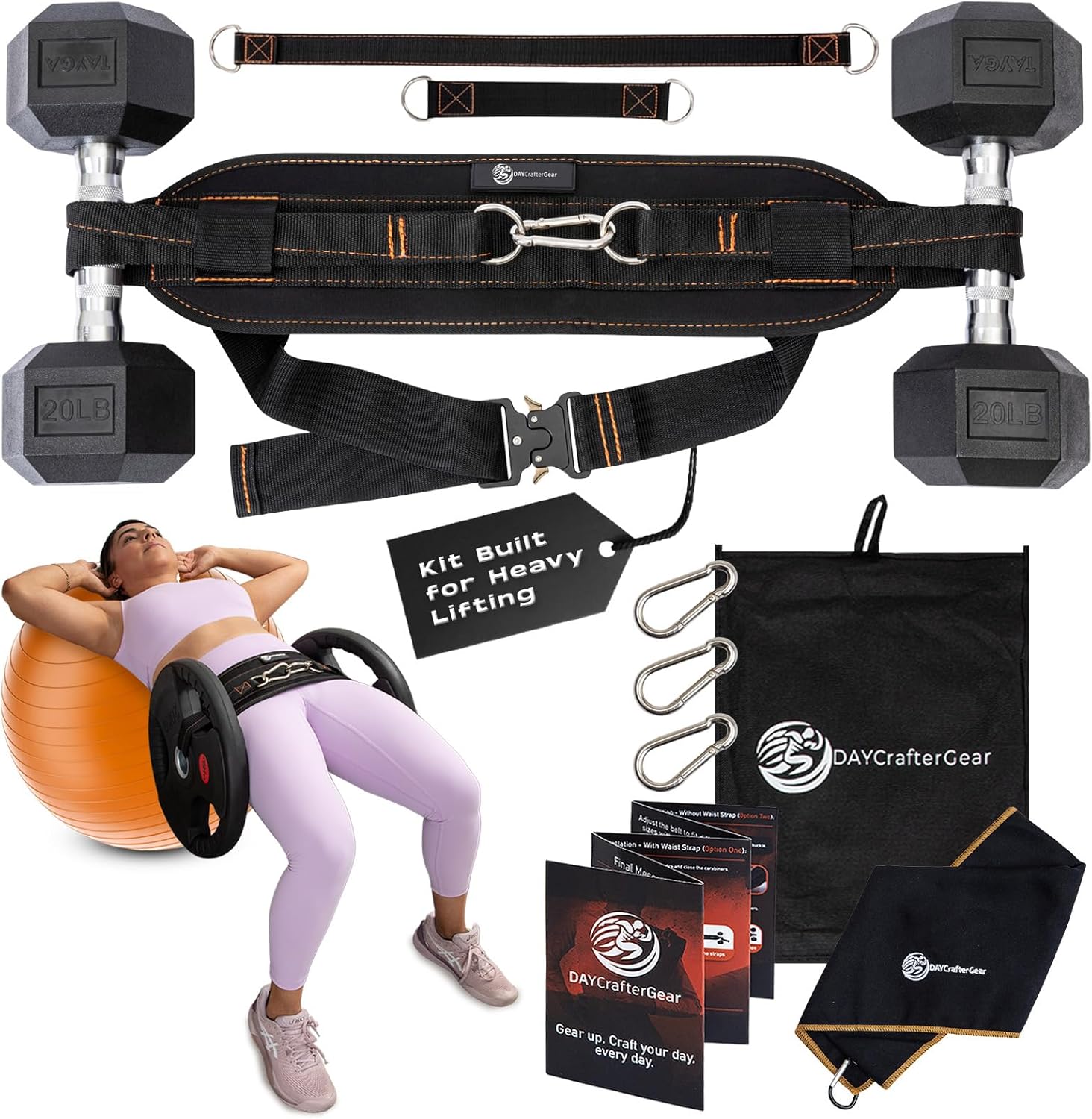 Hip Thrust Belt for Weights, Dumbbells & Kettlebells – Heavy Duty Glute Workout Equipment for Plates up to 300 lbs, with bonus straps for Dips & Squat Belt for Home & Gym