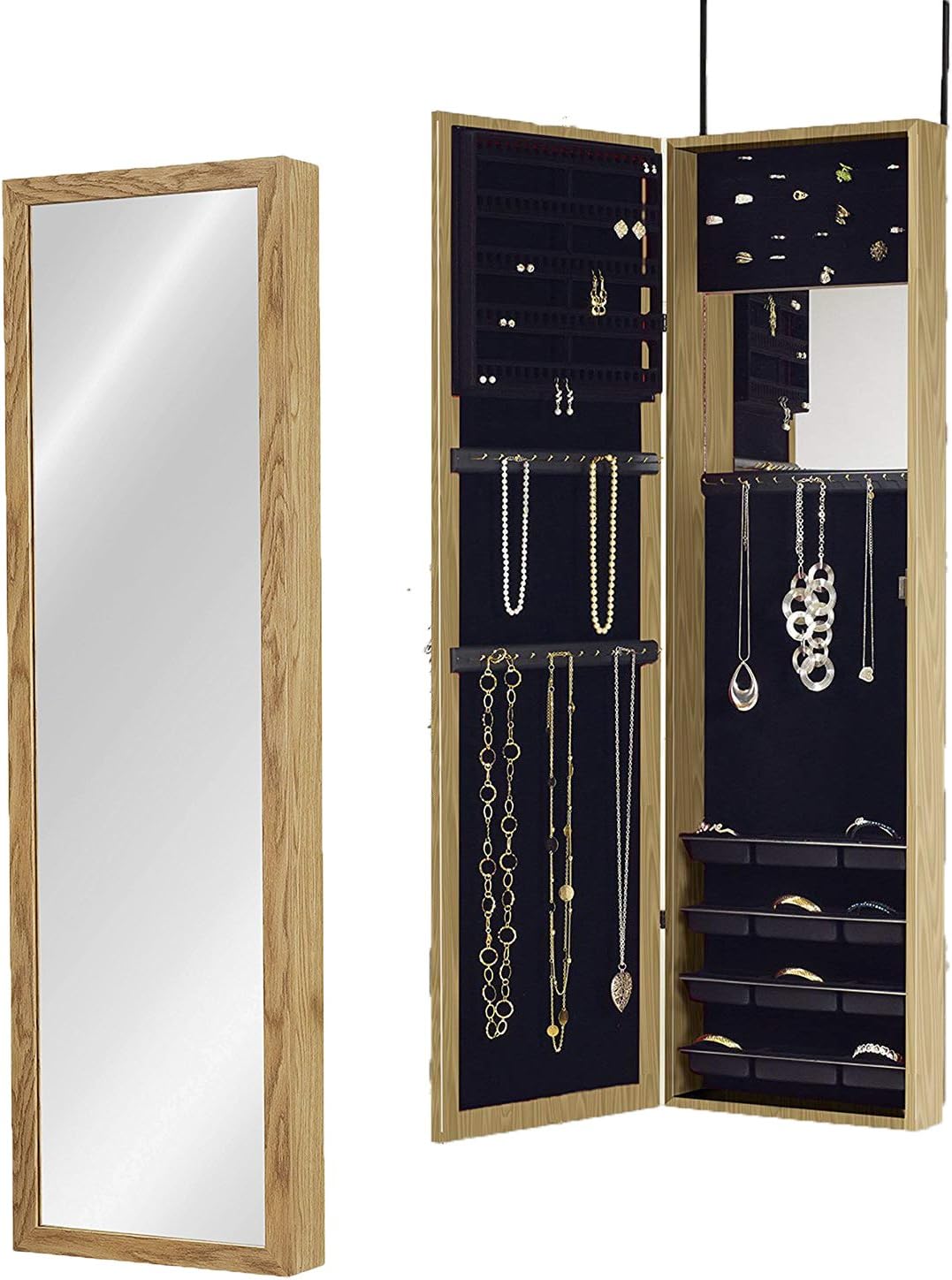 Plaza Astoria Over The Door/Wall-Mount Jewelry Armoire with Full Length Dressing Mirror and Vanity Mirror for Earrings, Necklaces and Rings, Oak