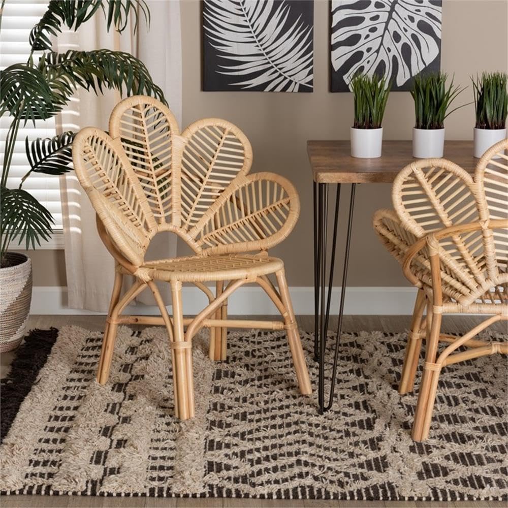 BOWERY HILL Modern Bohemian Accent Chair, Natural Brown Rattan, Flora-Inspired Backrest, Openwork Design, 29.90" W x 26.80" D x 35.80" H, Angled Legs, Crisscross Base for Living Room or Lounge