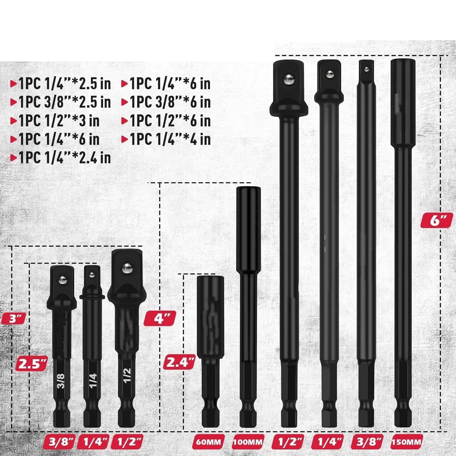 9-częściowy zestaw adapterów nasadek udarowych (nakrętki 1/4", 3/8", 1/2" Zestaw przedłużek