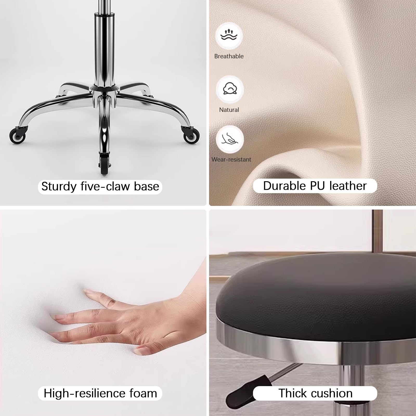 Stołek na Kółkach Regulowana Wysokość 45-56cm Ergonomiczny Taboret ze Skóry Ddo Salonu, Baru, Domu, Biura, Tatoo, Medyczne, do Masażu(Beige)