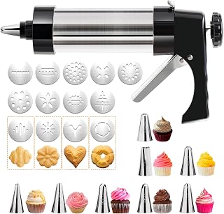 Stainless Steel Cookie Gun, Extruder, Including 13 Cookie Mold Discs, 8 Decorating Nozzles, Home DIY Baking Tools, Suitable Cake and Dessert Making and Decoration