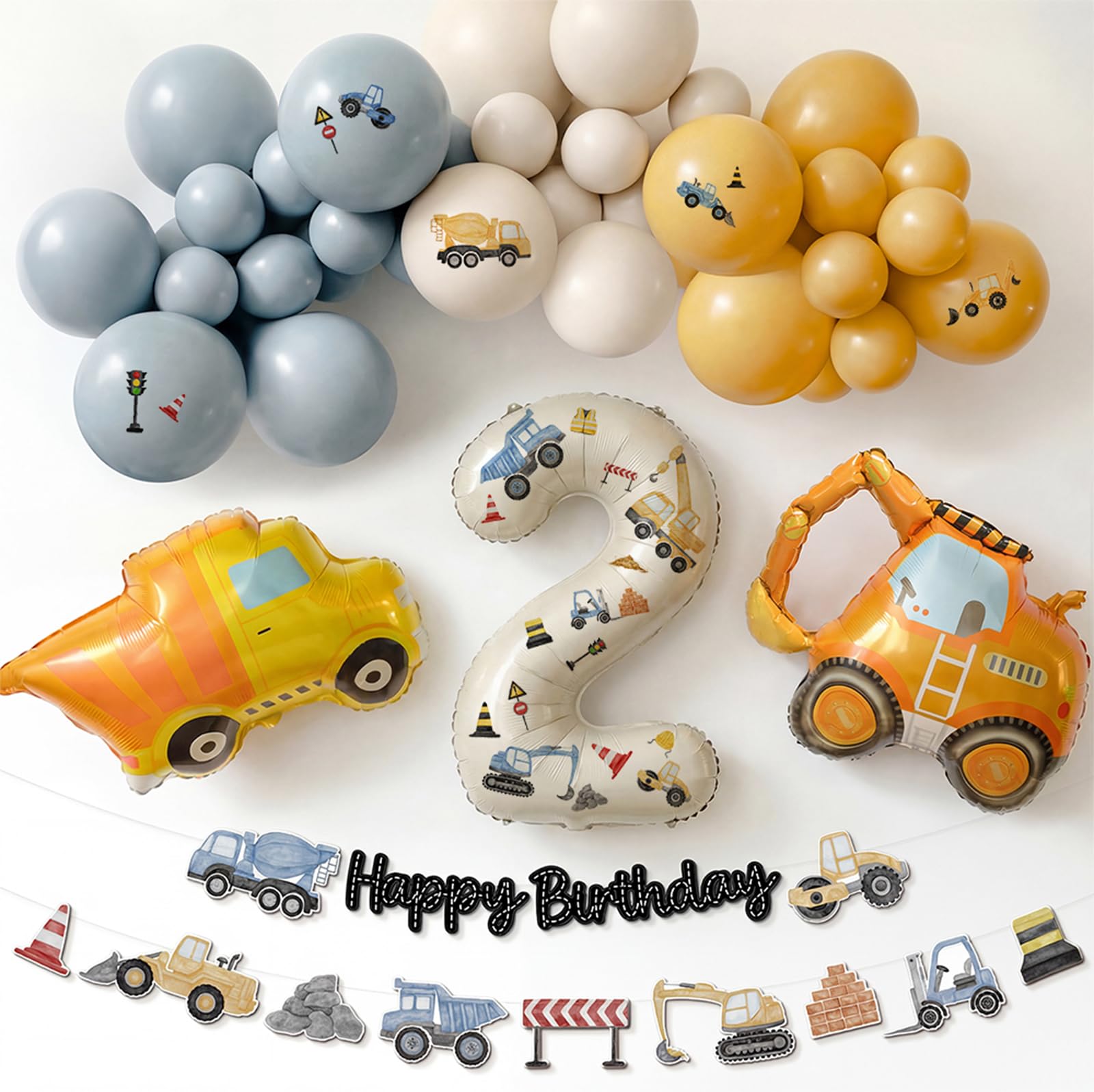 2nd Birthday Decorations Boy - Digger Birthday Decorations Construction Balloons Arch Kit with Foil Excavator Balloons 32Inch Number 2 Balloon and Happy Birthday Banner(Not Pre-Printed Balloons)