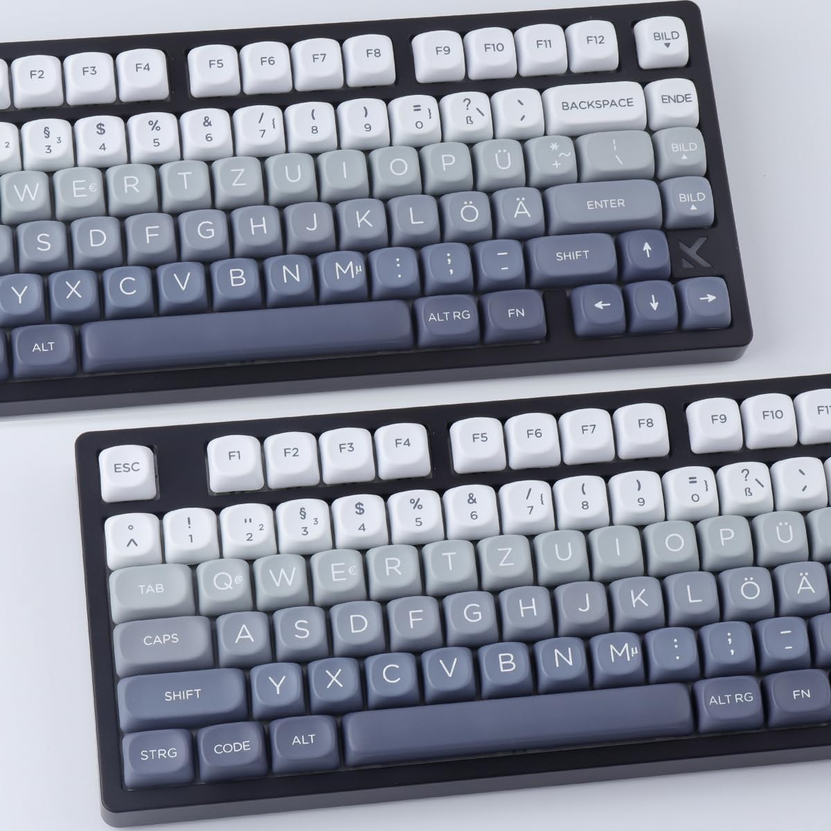 PBT German Keycaps 131 Keys Double Shot MOA Profile Keycap White-Grey Gradient Dye Sub Custom Keycaps for Cherry MX Switch ISO QWERTZ Layout Mechanical Keyboards