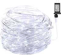 Vista 9 de Guirnaldas de luces enchufables, de 33 pies, 100 luces LED impermeables de alambre plateado, adaptador incluido, cable de luces estrelladas