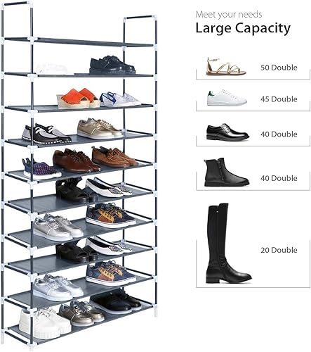 Miniatura 4 de Zapatero de 10 niveles, organizador de zapatos de tela no tejida, armario de torre de almacenamiento de zapatos, 50 pares, estante para zapatos para