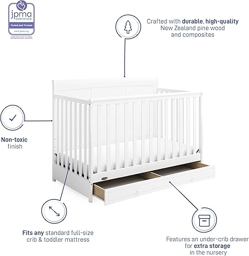 Miniatura 5 de Graco Asheville - Cuna convertible 4 en 1 con cajón (blanco) - Certificado GREENGUARD Gold, cuna con cajón combinado, cajón de almacenamiento de