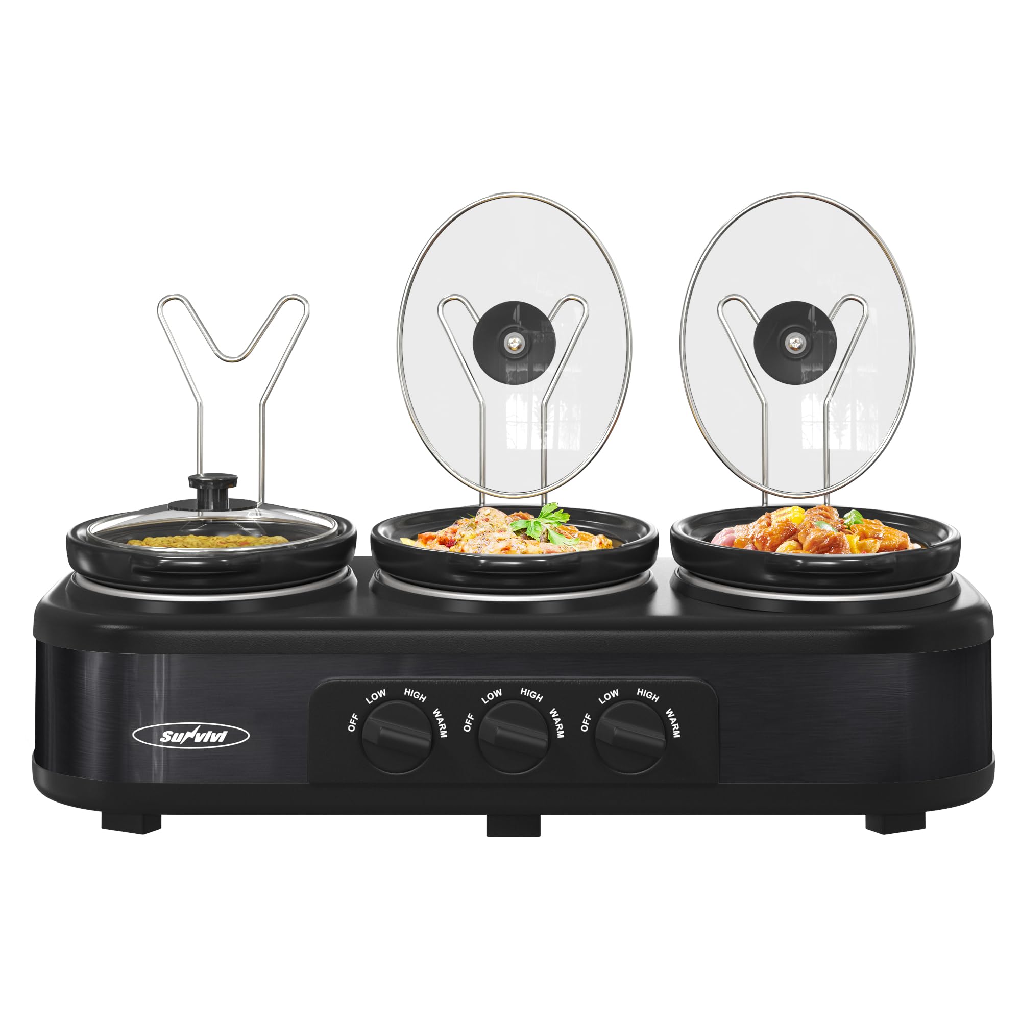 Sunvivi Triple Slow Cooker, Buffet Server & Warmer with 3 Removable Ceramic Pots, 3 Adjustable Temp Settings & 3 Metal Lid Rests, Stainless Steel, 4.5 QT Black