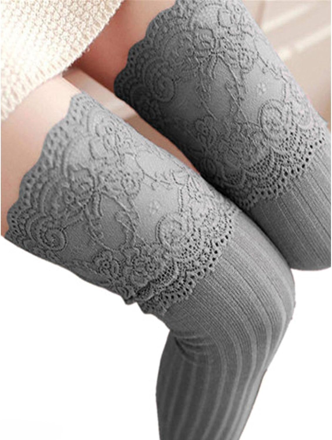 Large Lace Knee High Socks High Thigh Socks Lace Top Cotton Long Stockings Over the Knee Leggings