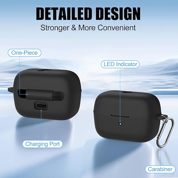 for Soundcore C50i Case, Scratch Shock Resistant Silicone Protective Cover Compatible with Soundcore C50i by Anker Open-Ear Earbuds Charging Case with Carabiner & Cleaner Kit (Black)