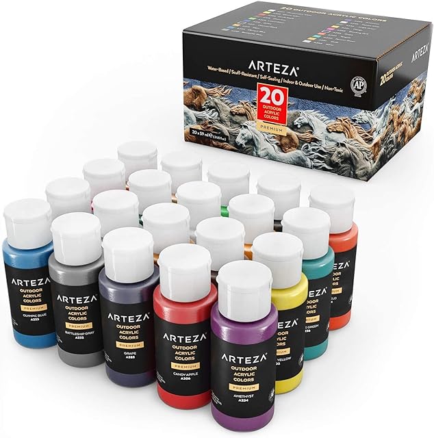 ARTEZA Outdoor Acrylic Paint Set, 20 Colours, 59 ml Bottles, with Storage Box, Rich Pigments, Multi-Surface Paints for Rock, Wood, Fabric, Leather, Paper, Halloween Crafts, Canvas and Wall Painting