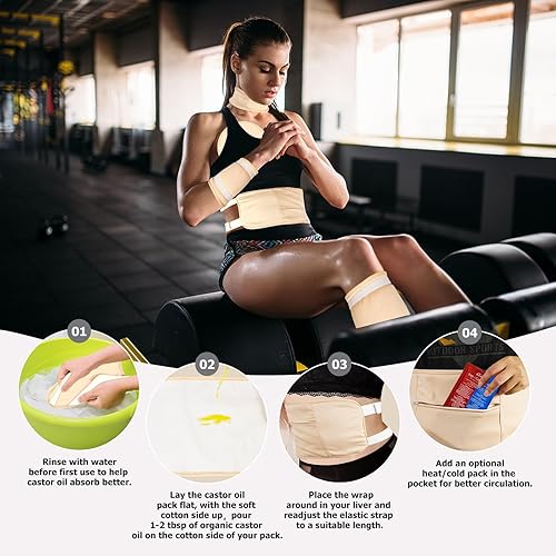 Miniatura 6 de Paquete de aceite de ricino para mujer, 6 piezas reutilizables de algodón orgánico para cuello, cintura, pecho, rodilla, paquetes de compresión de
